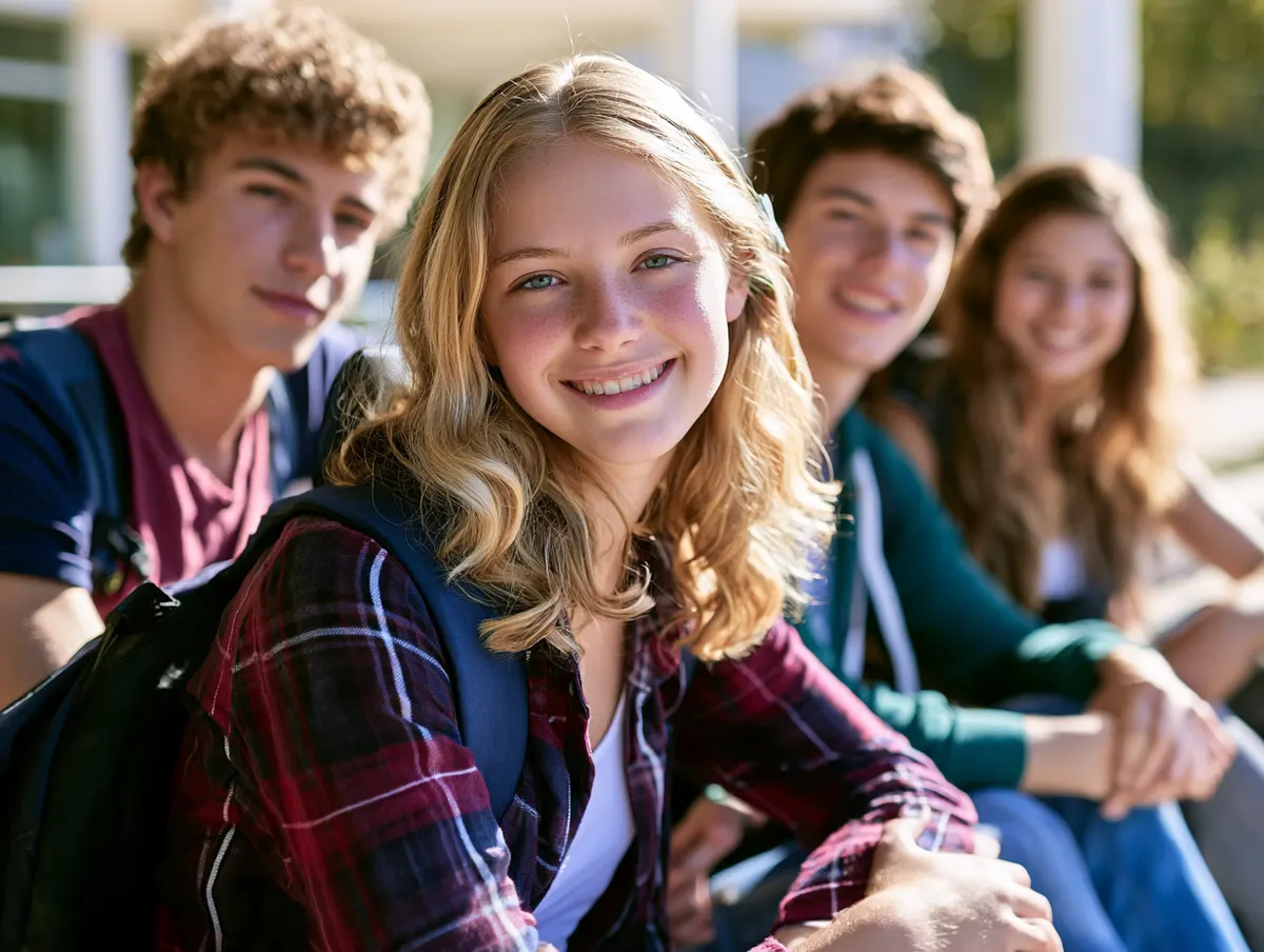 Smiling students sitting together outdoors