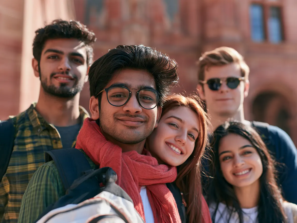 A group of students smiling on campus