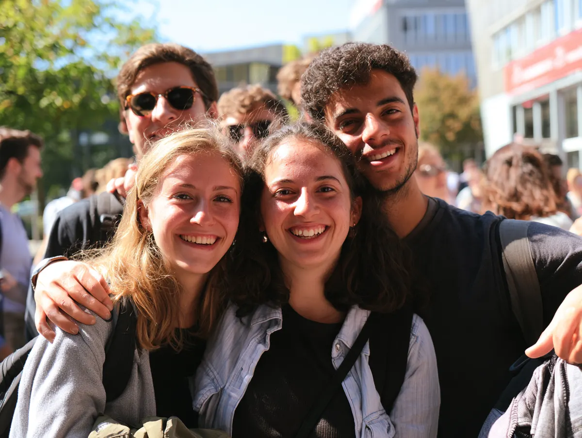 Students laughing together in a crowd