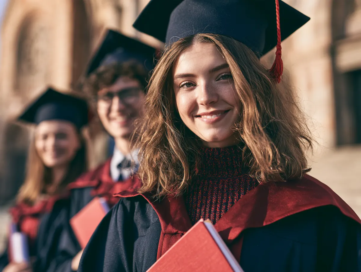 A graduate in a cap and gown holding a book, with friends behind her
